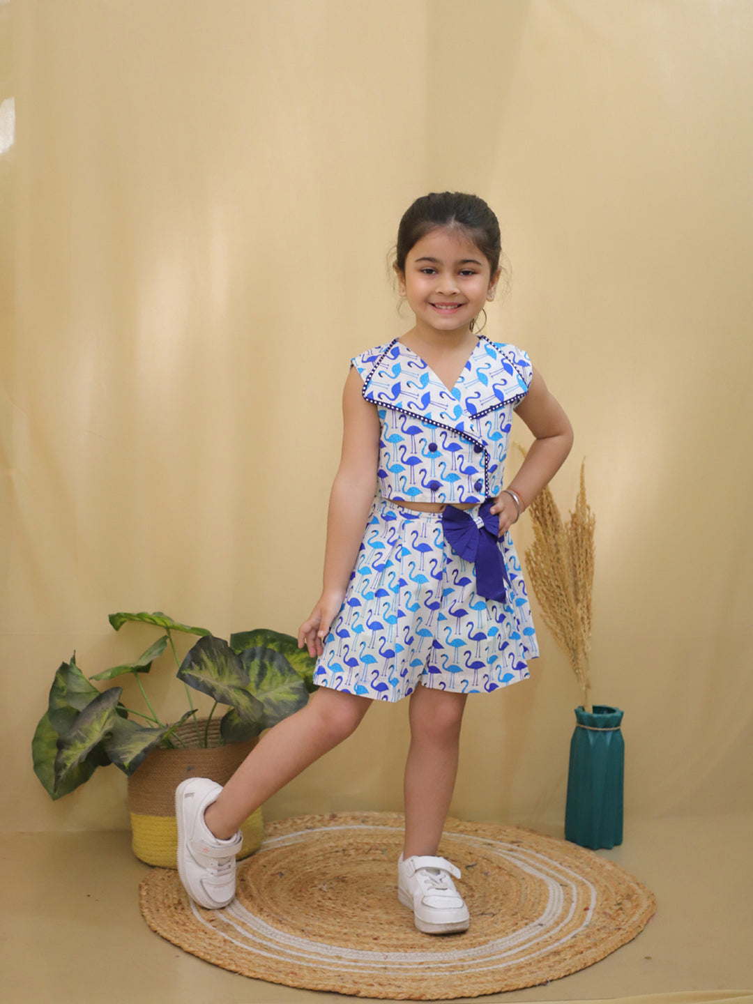 Blue Sleeveless Swan Print Cotton Co-Ord Sets For Girls - AJ Dezines