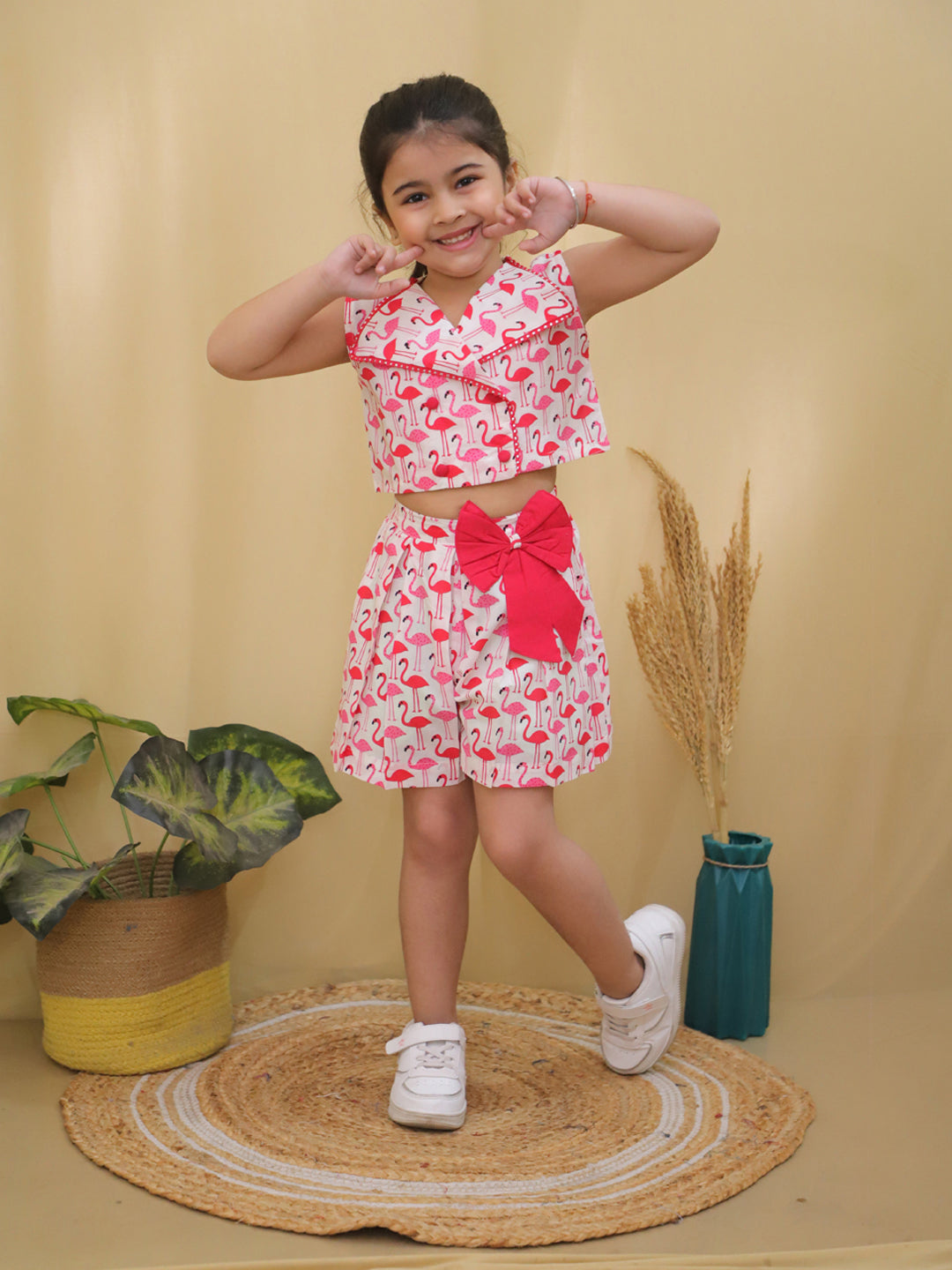 Red Sleeveless Swan Print Cotton Co-Ord Sets For Girls