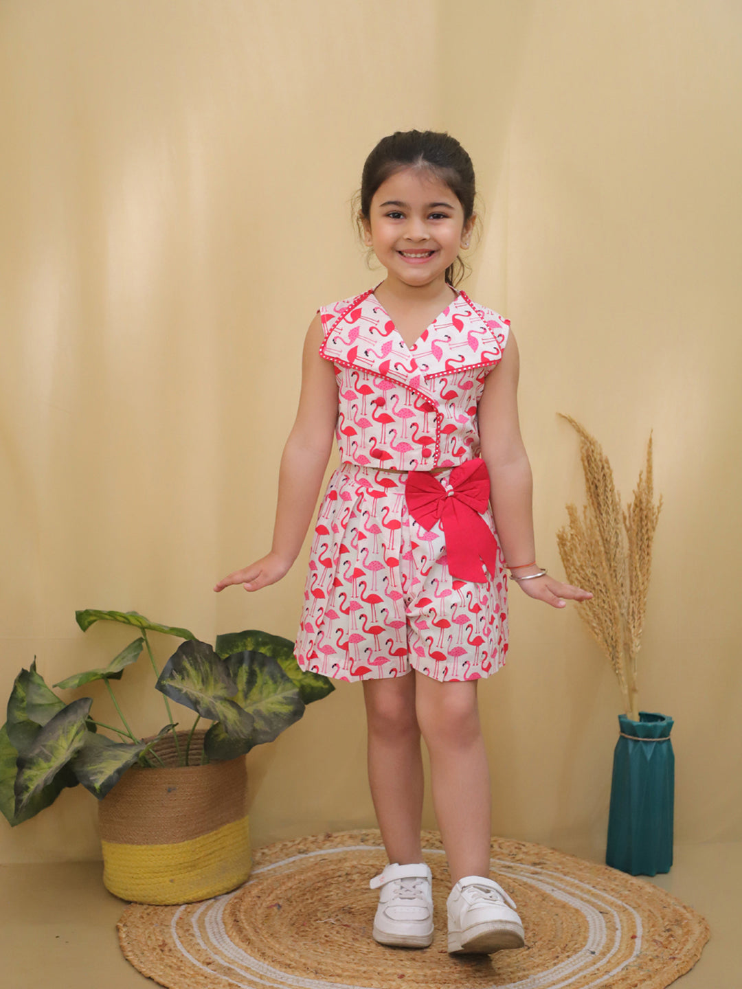 Red Sleeveless Swan Print Cotton Co-Ord Sets For Girls
