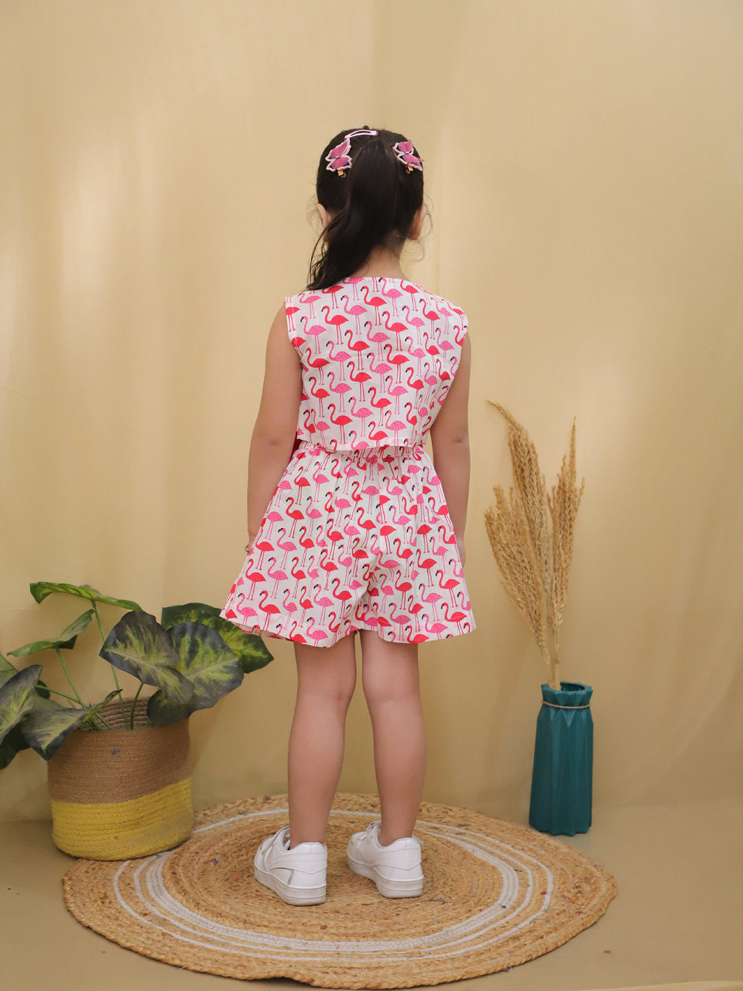 Red Sleeveless Swan Print Cotton Co-Ord Sets For Girls - AJ Dezines