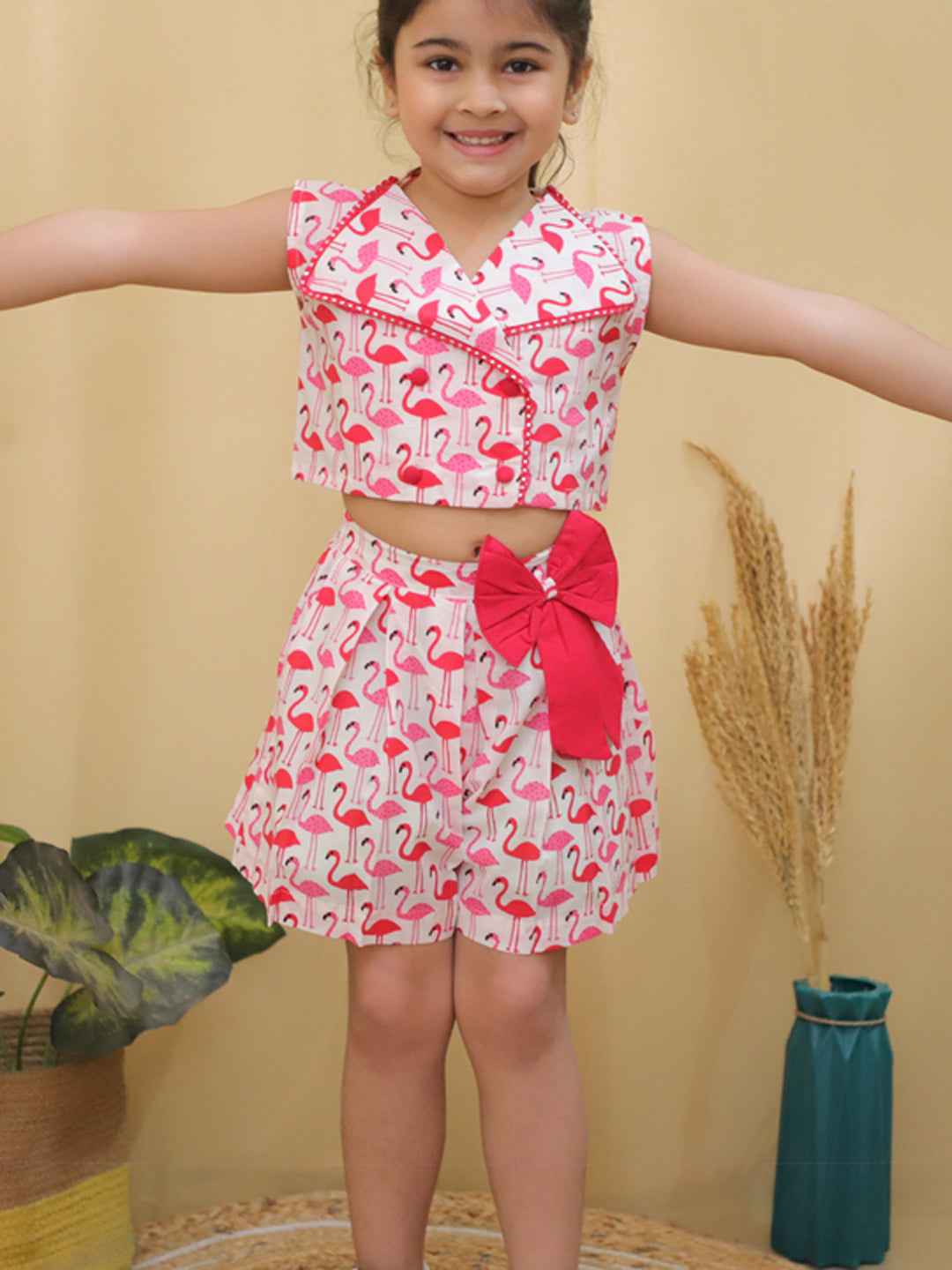 Red Sleeveless Swan Print Cotton Co-Ord Sets For Girls - AJ Dezines