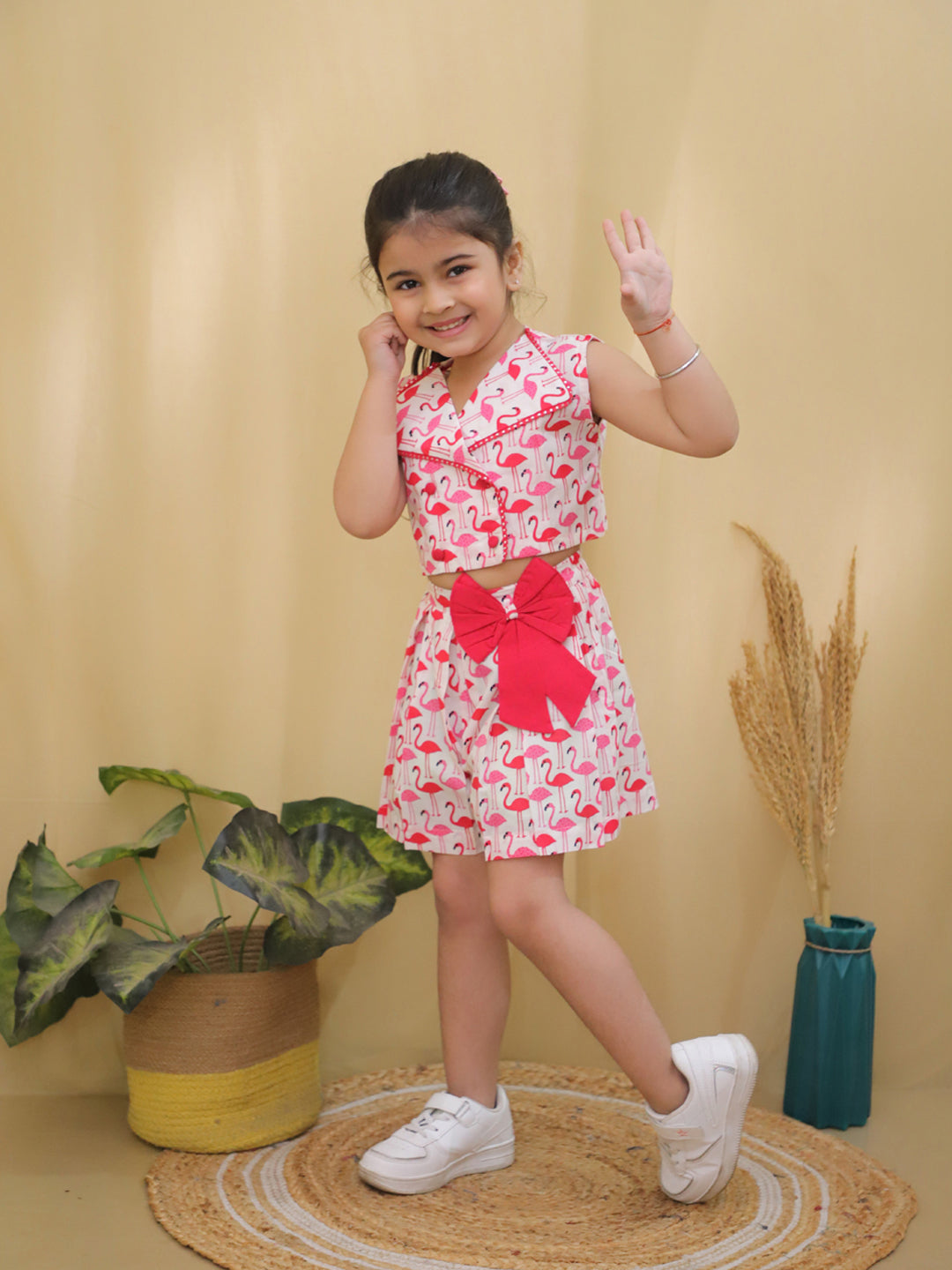 Red Sleeveless Swan Print Cotton Co-Ord Sets For Girls - AJ Dezines