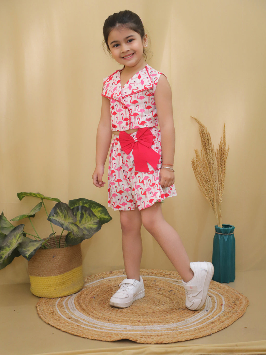 Red Sleeveless Swan Print Cotton Co-Ord Sets For Girls - AJ Dezines