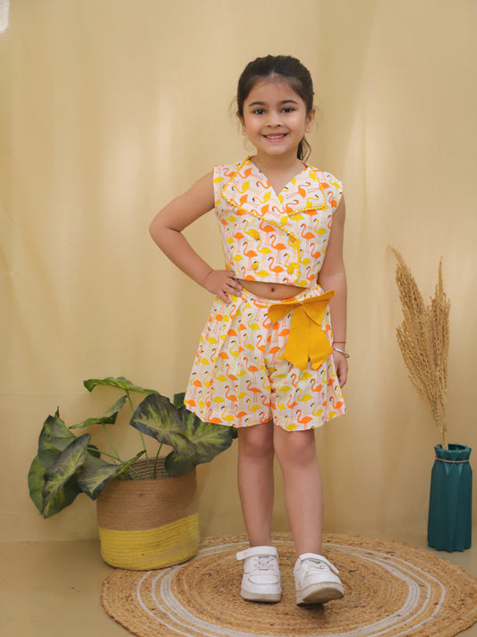Aj Dezines Yellow Sleeveless Swan Print Cotton Co-Ord Sets For Girls