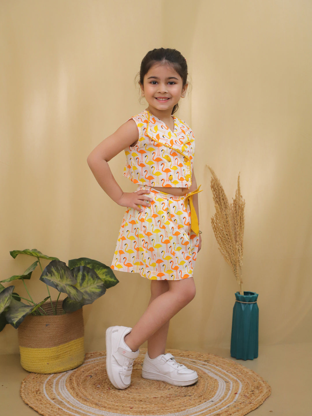 Yellow Sleeveless Swan Print Cotton Co-Ord Sets For Girls