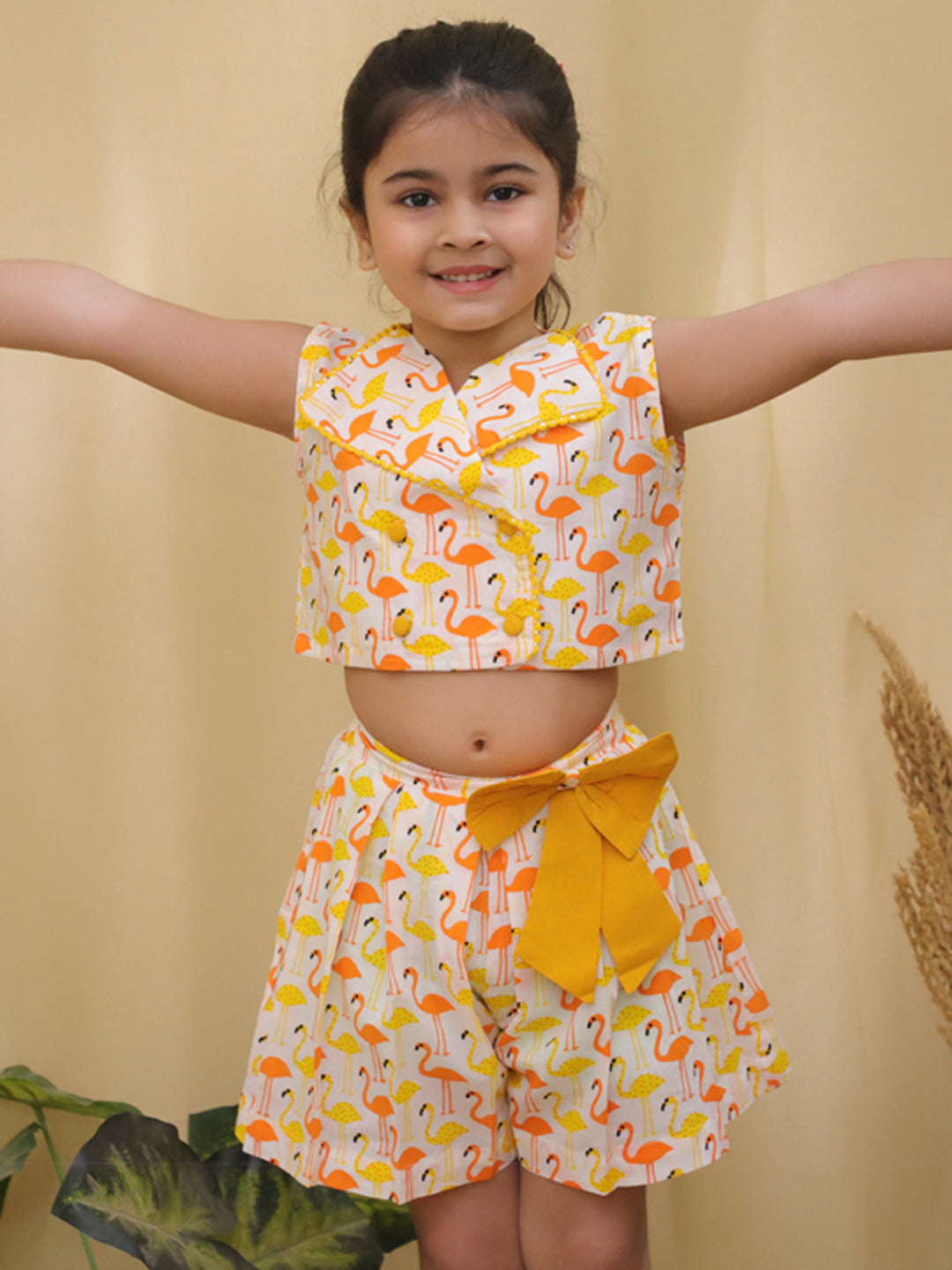 Yellow Sleeveless Swan Print Cotton Co-Ord Sets For Girls