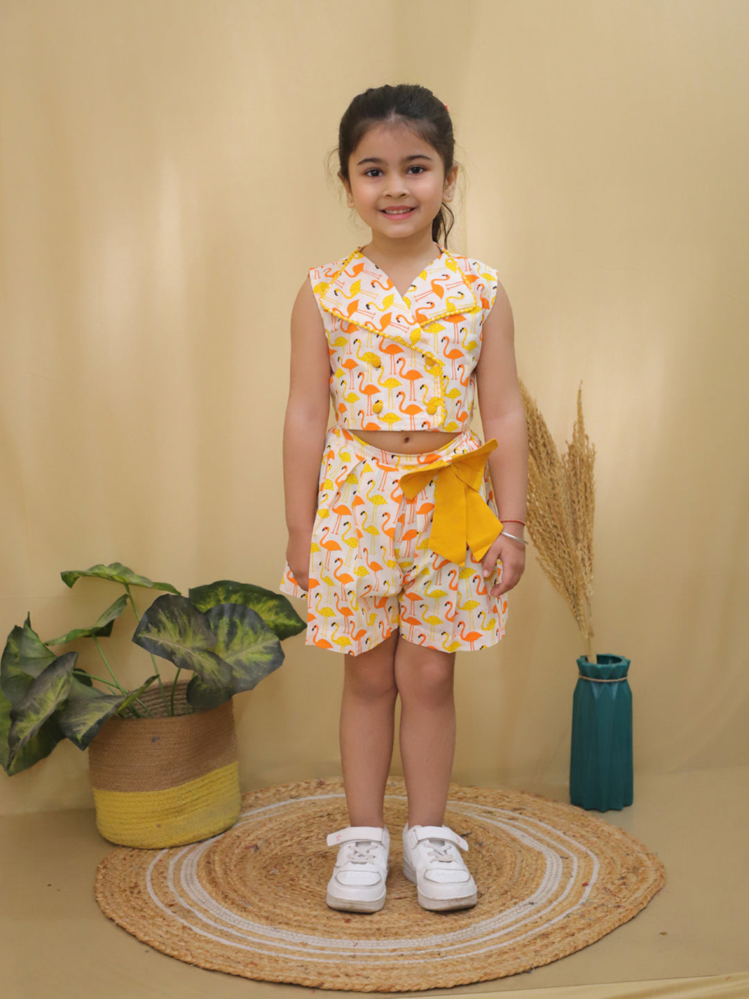 Yellow Sleeveless Swan Print Cotton Co-Ord Sets For Girls