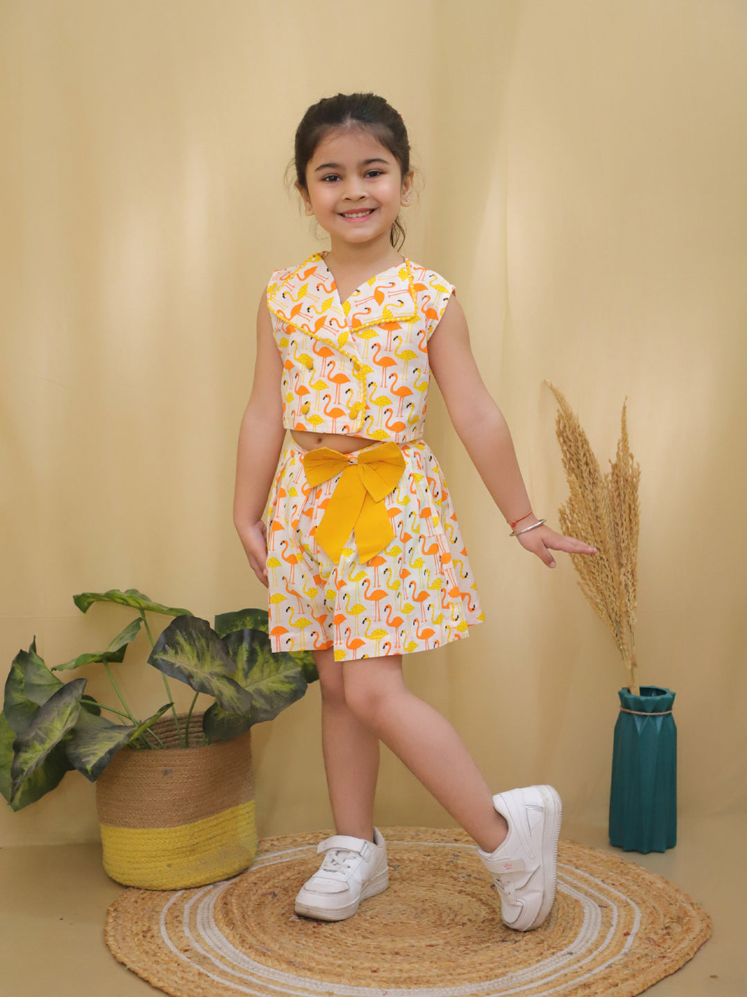 Yellow Sleeveless Swan Print Cotton Co-Ord Sets For Girls