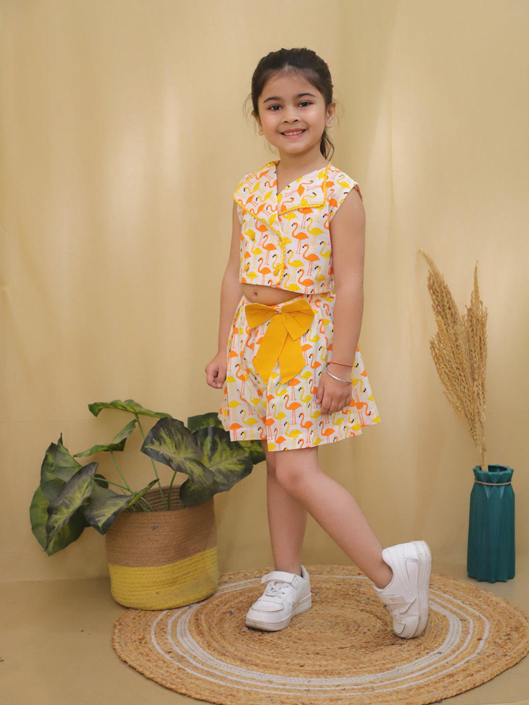 Yellow Sleeveless Swan Print Cotton Co-Ord Sets For Girls