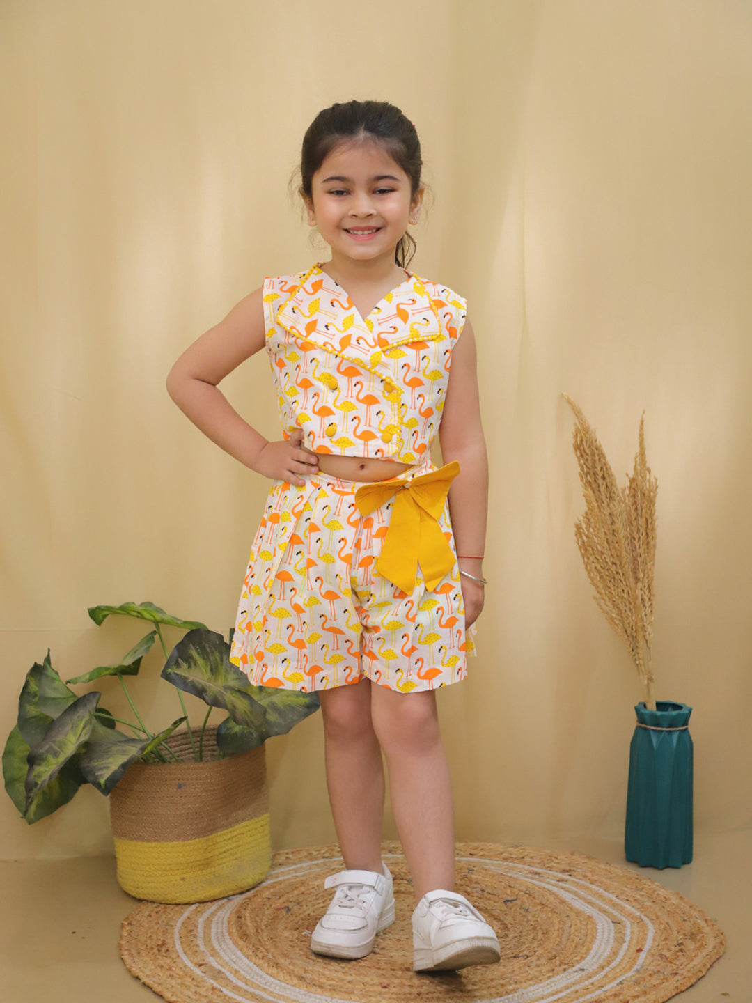 Yellow Sleeveless Swan Print Cotton Co-Ord Sets For Girls