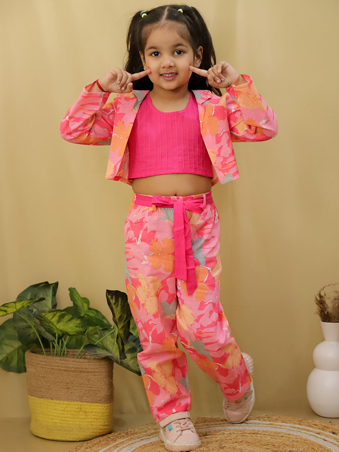 Pink Full sleeves Floral Cotton Co-Ord Sets For Girls