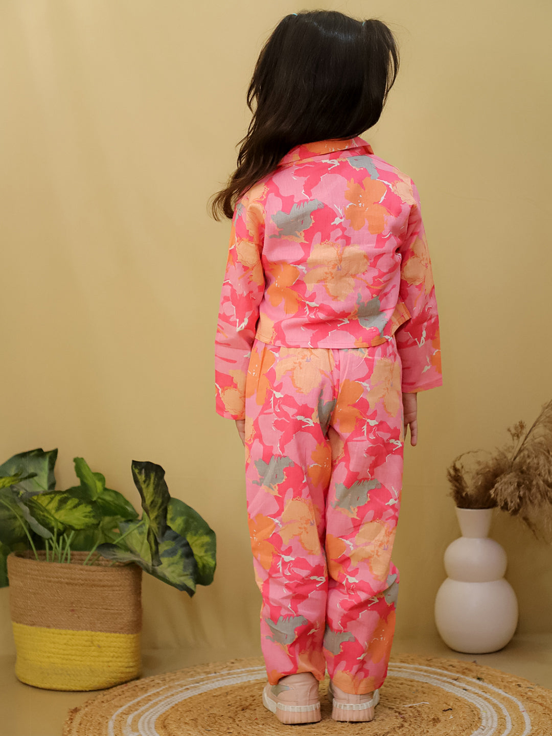 Pink Full sleeves Floral Cotton Co-Ord Sets For Girls