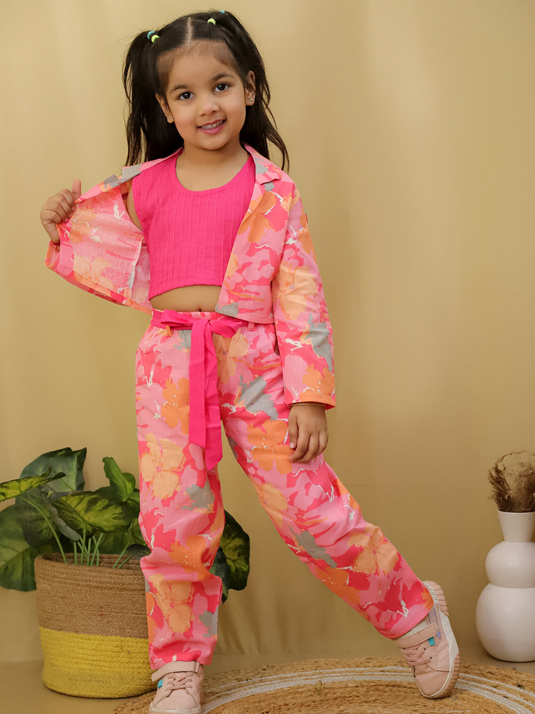 Pink Full sleeves Floral Cotton Co-Ord Sets For Girls