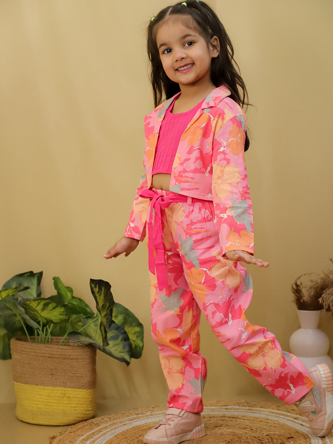 Pink Full sleeves Floral Cotton Co-Ord Sets For Girls