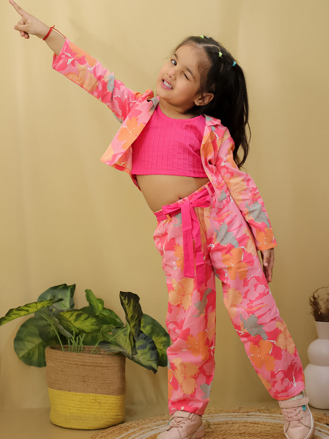 Pink Full sleeves Floral Cotton Co-Ord Sets For Girls