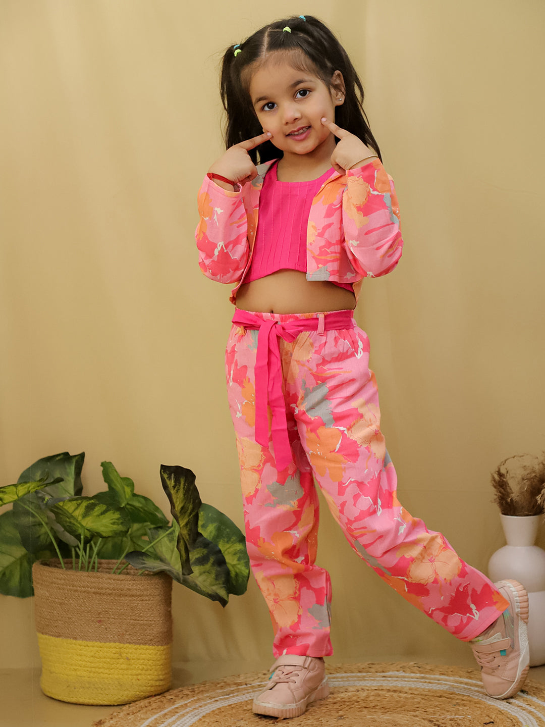 Pink Full sleeves Floral Cotton Co-Ord Sets For Girls