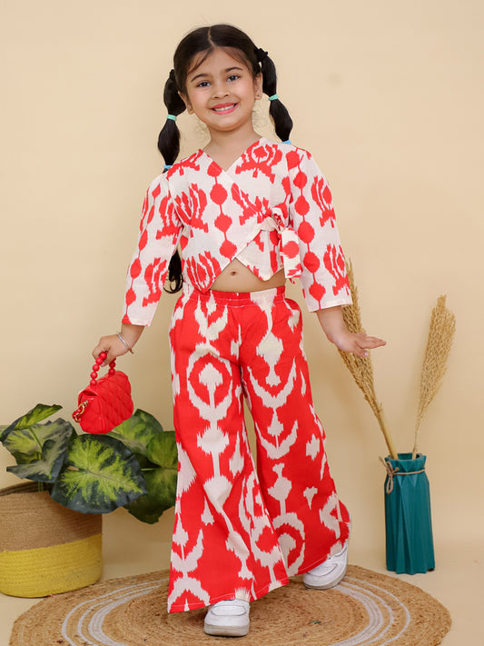 AJ Dezines Red Full sleeves Abstract Cotton Co-Ord Sets For Girls