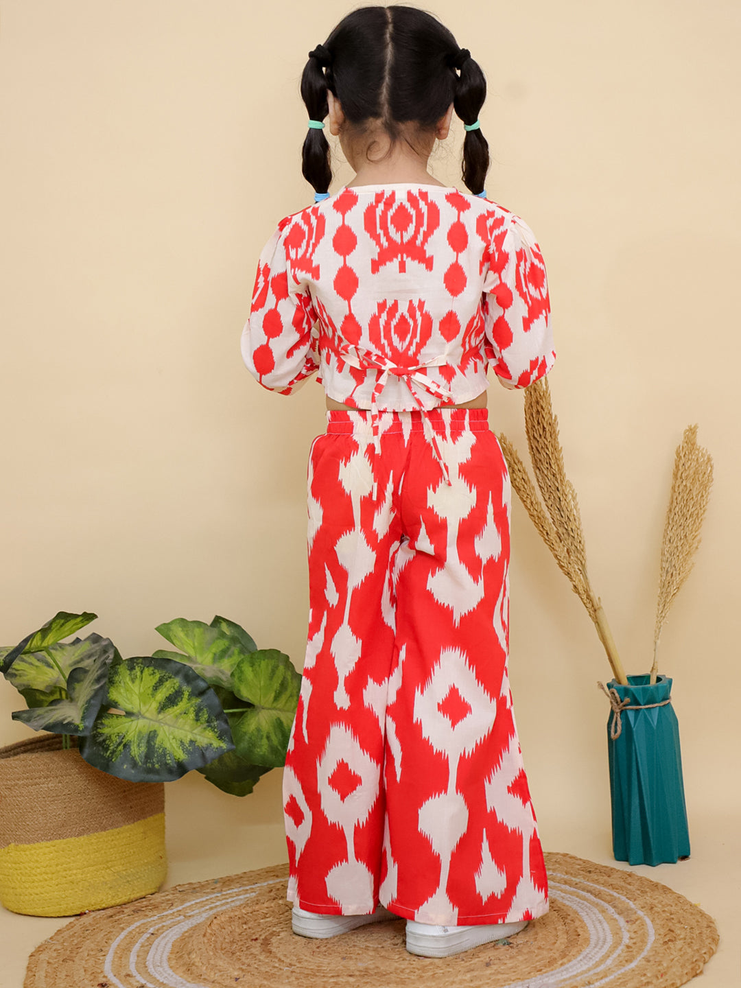 AJ Dezines Red Full sleeves Abstract Cotton Co-Ord Sets For Girls