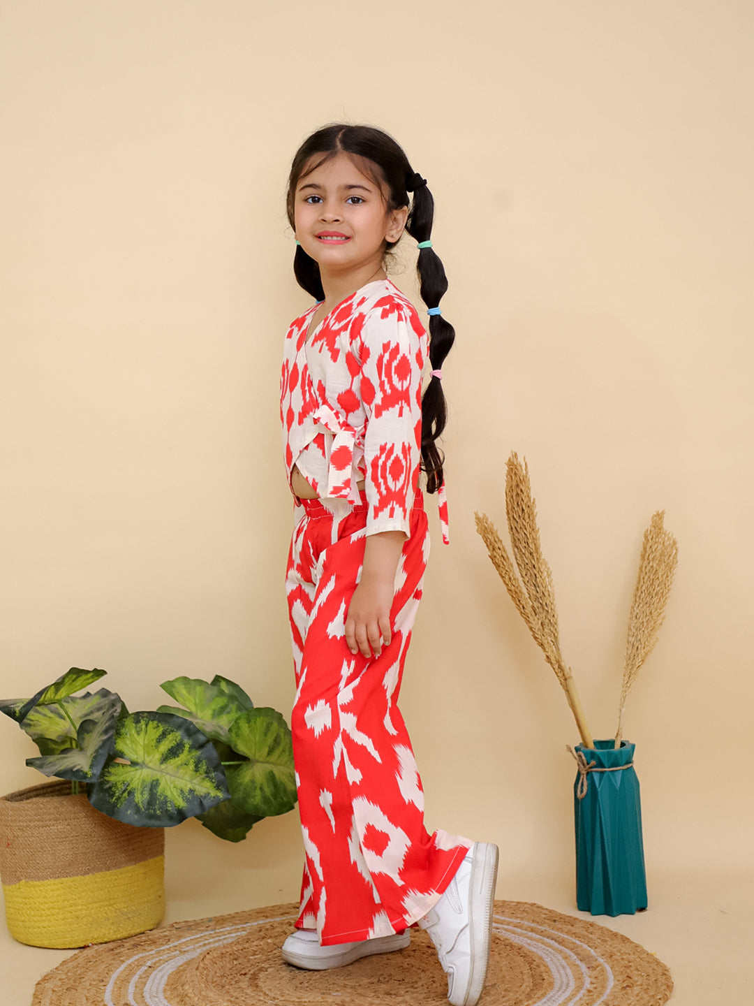 Red Full sleeves Abstract Cotton Co-Ord Sets For Girls - AJ Dezines