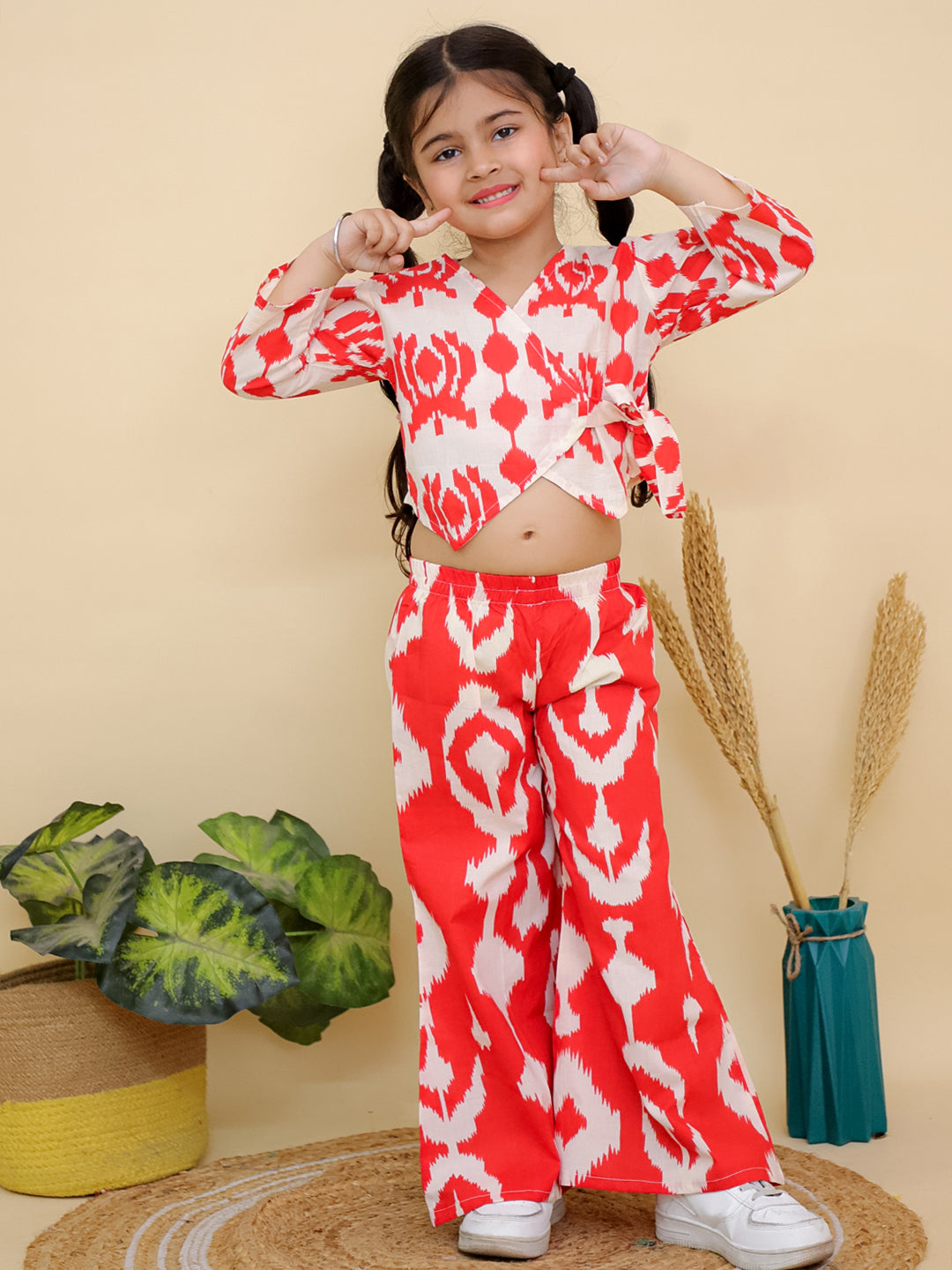 Red Full sleeves Abstract Cotton Co-Ord Sets For Girls - AJ Dezines