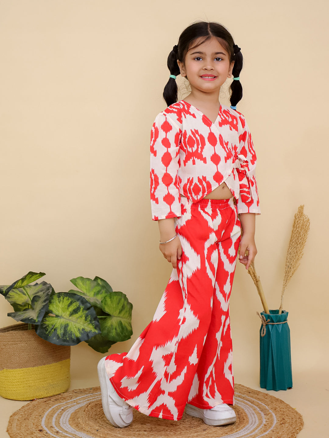 Red Full sleeves Abstract Cotton Co-Ord Sets For Girls - AJ Dezines
