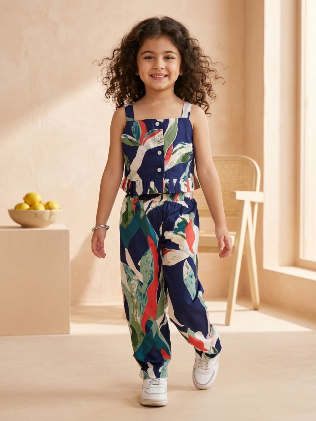 Blue Sleeveless Tropical Cotton Co-Ord Sets For Girls