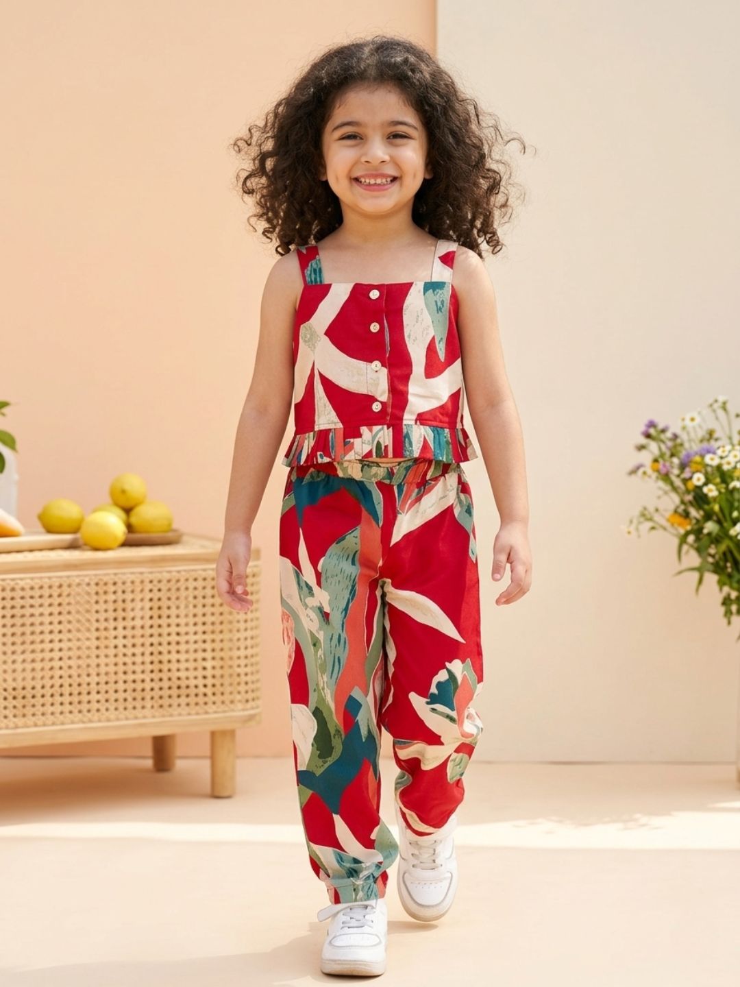 Red Sleeveless Tropical Cotton Co-Ord Sets For Girls