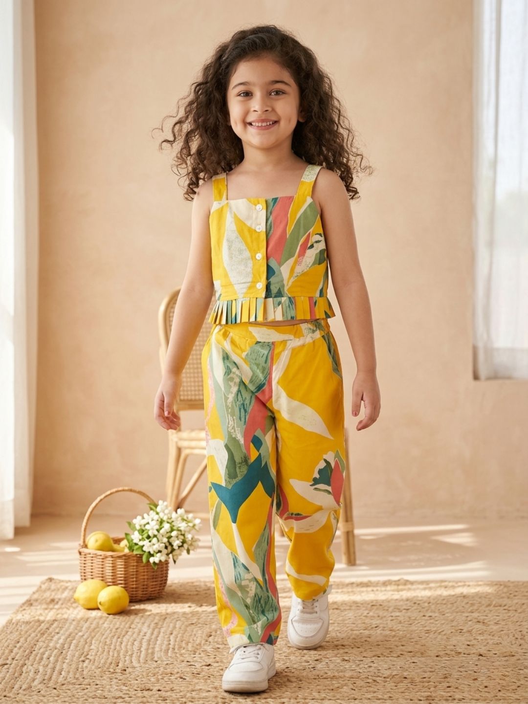 Yellow Sleeveless Tropical Cotton Co-Ord Sets For Girls
