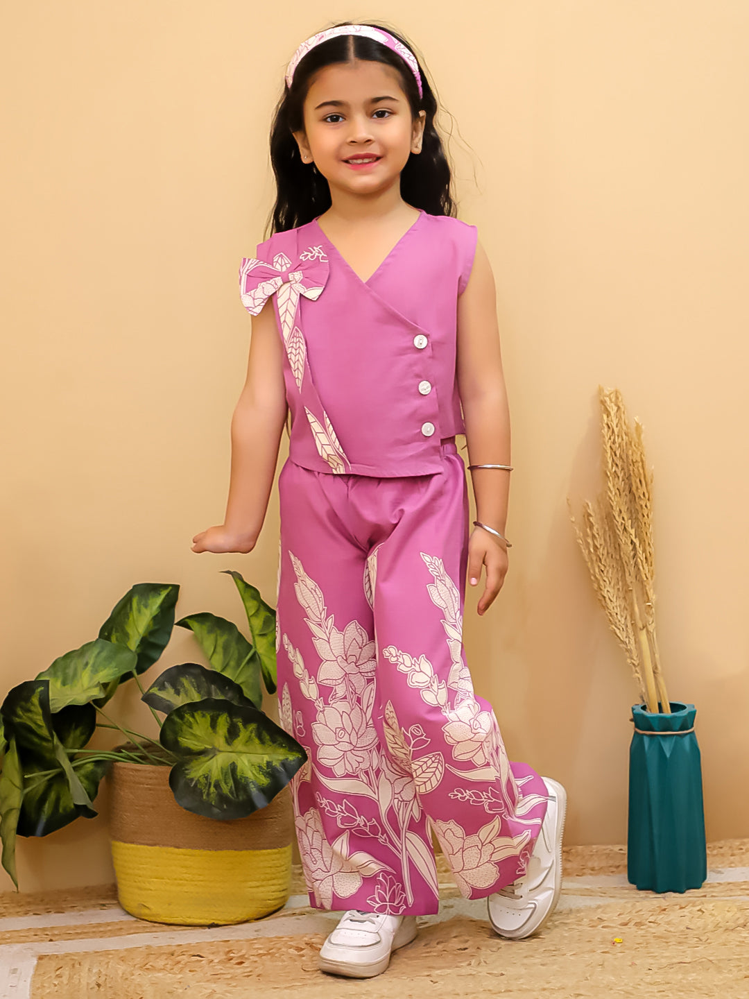 Purple Sleeveless Floral Cotton Co-Ord Sets For Girls - AJ Dezines