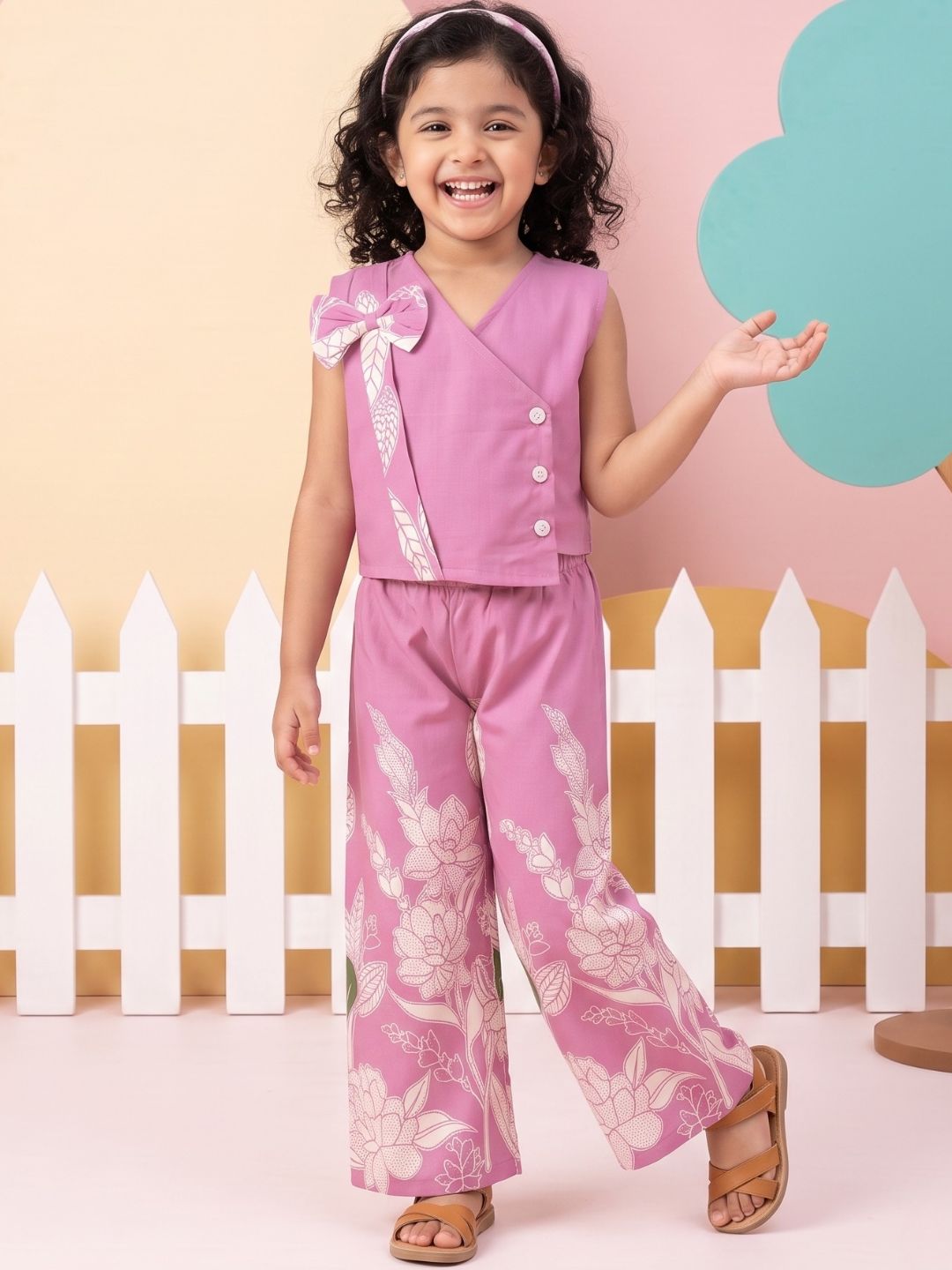 Purple Sleeveless Floral Cotton Co-Ord Sets For Girls