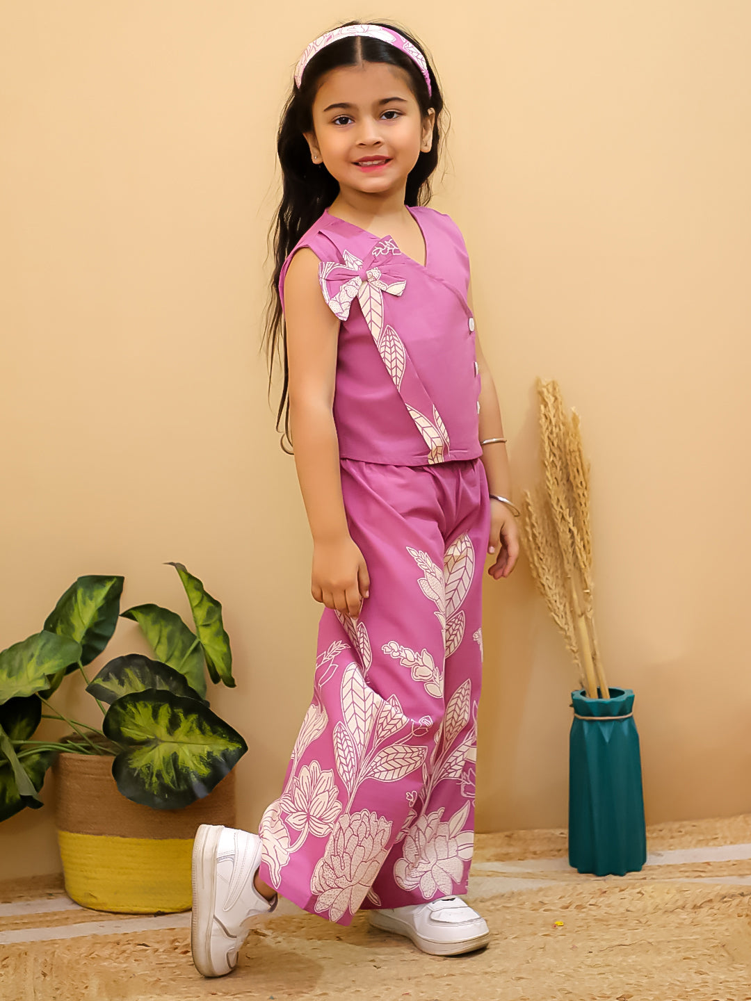 Purple Sleeveless Floral Cotton Co-Ord Sets For Girls - AJ Dezines
