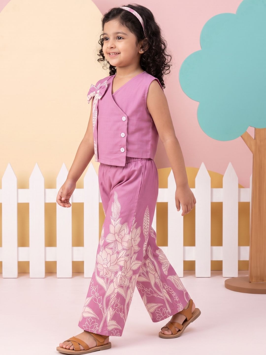 Purple Sleeveless Floral Cotton Co-Ord Sets For Girls