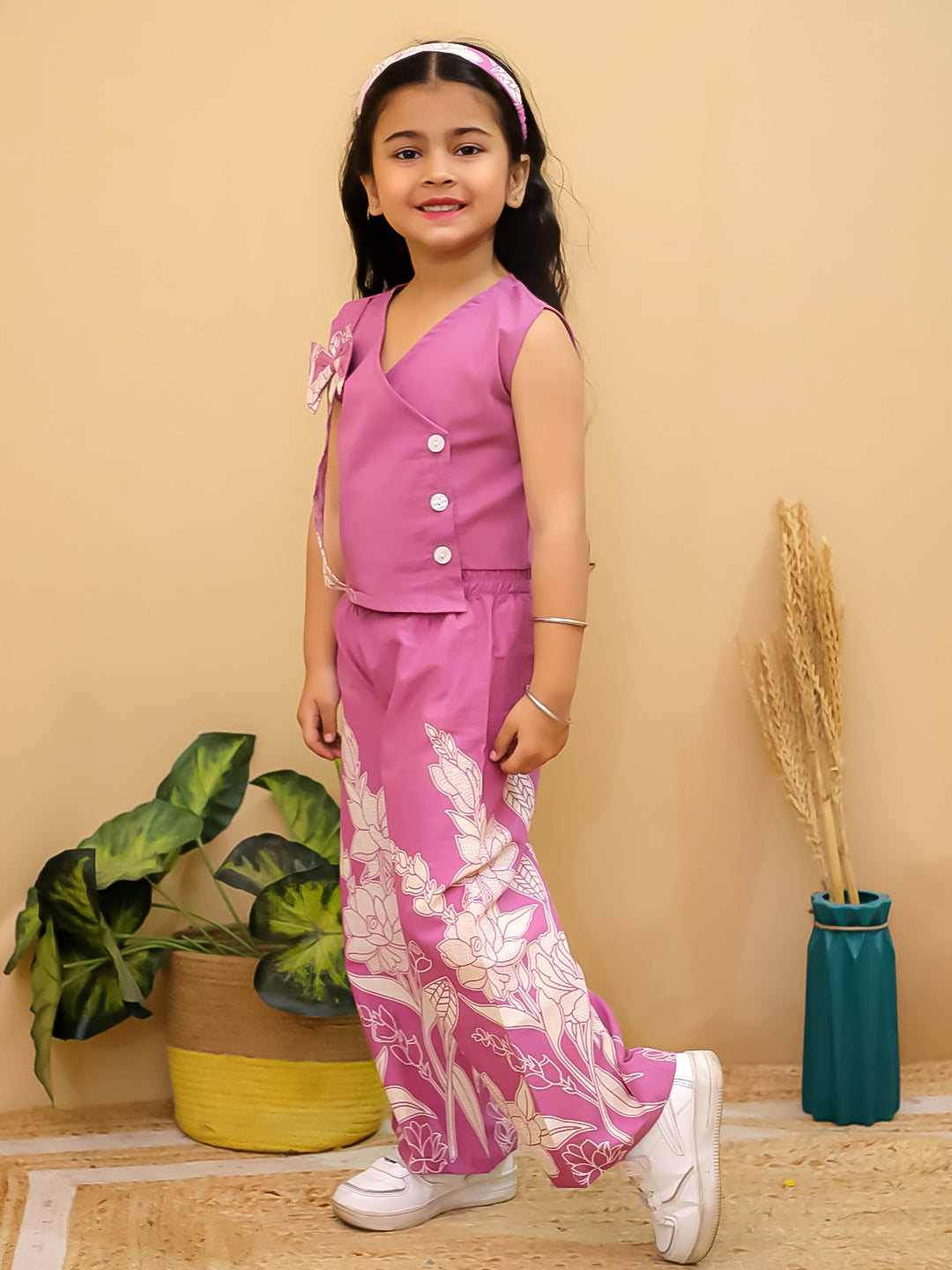 Purple Sleeveless Floral Cotton Co-Ord Sets For Girls - AJ Dezines