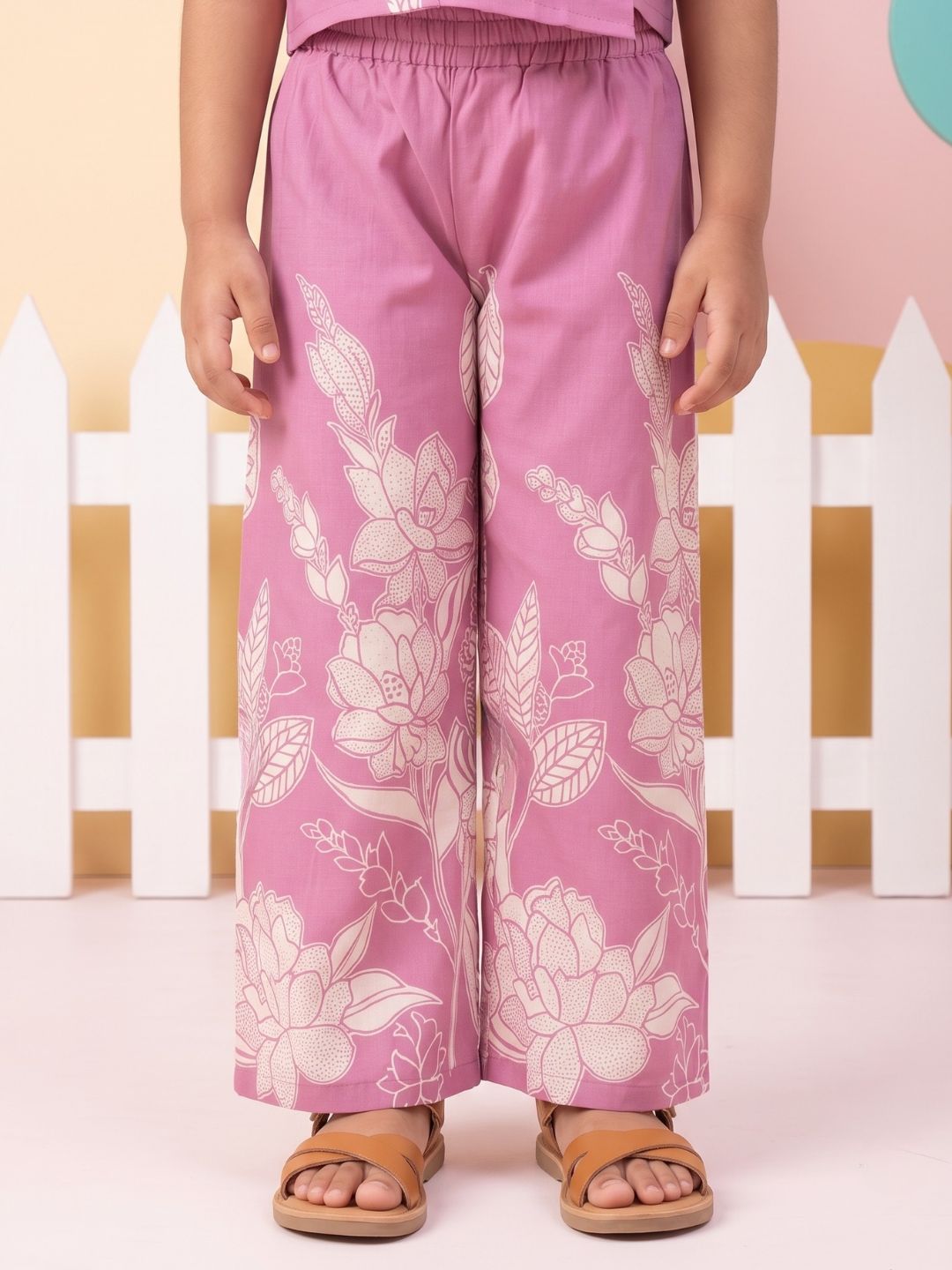 Purple Sleeveless Floral Cotton Co-Ord Sets For Girls
