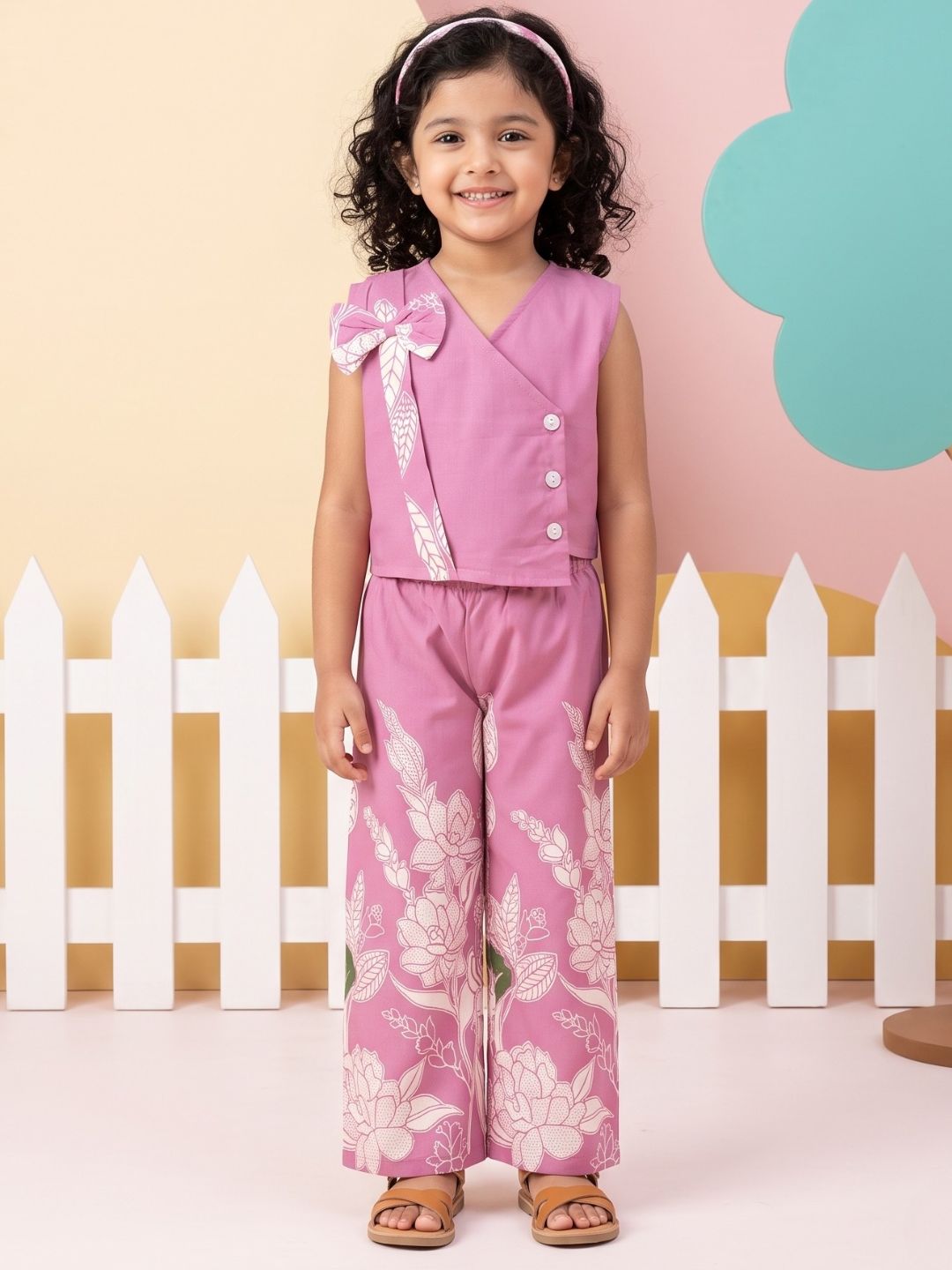 Purple Sleeveless Floral Cotton Co-Ord Sets For Girls