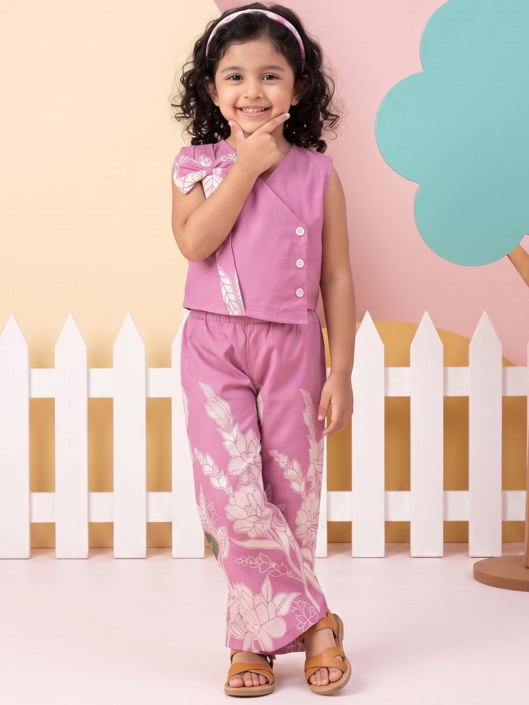 Purple Sleeveless Floral Cotton Co-Ord Sets For Girls