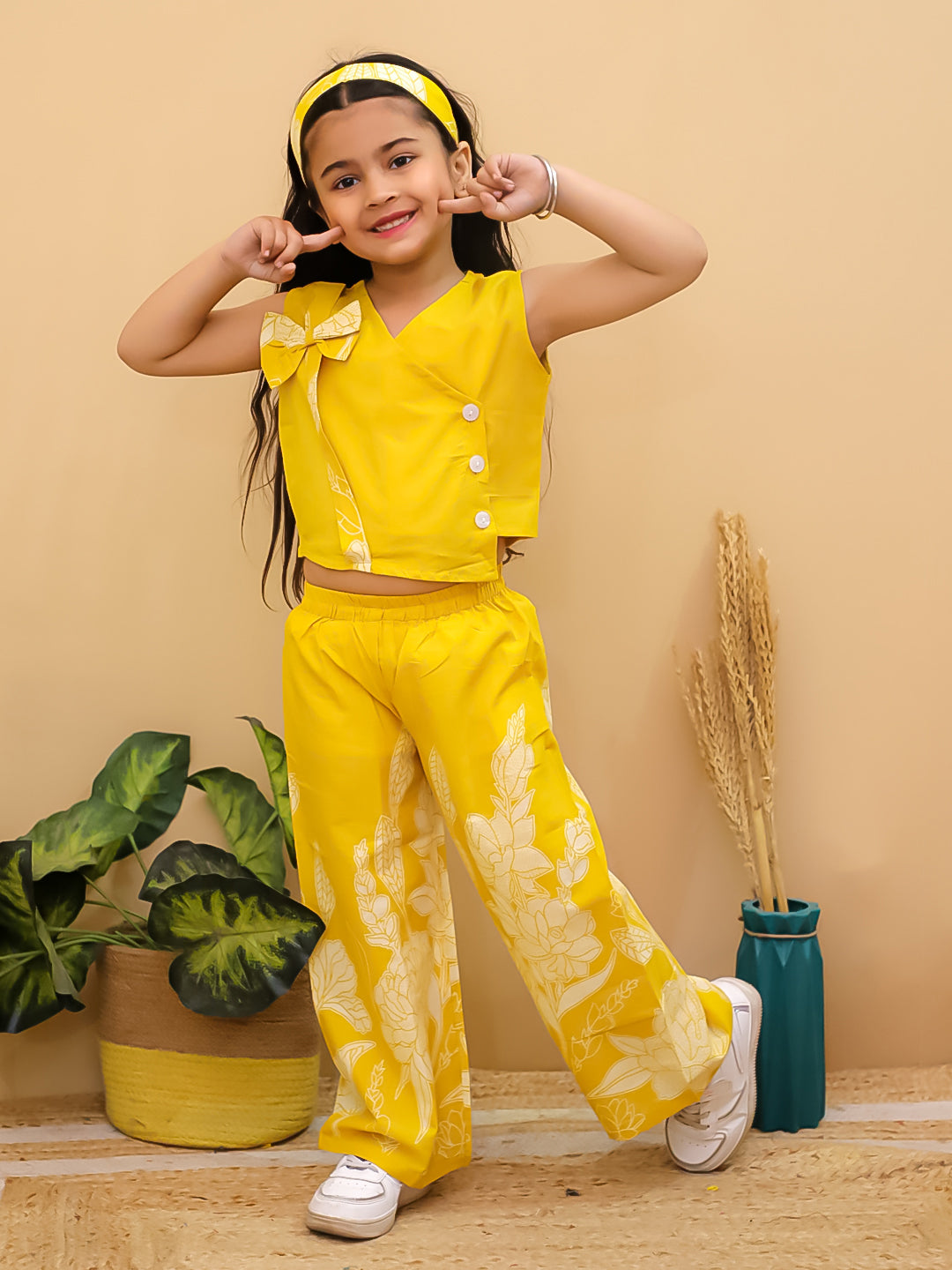Yellow Sleeveless Floral Cotton Co-Ord Sets For Girls - AJ Dezines