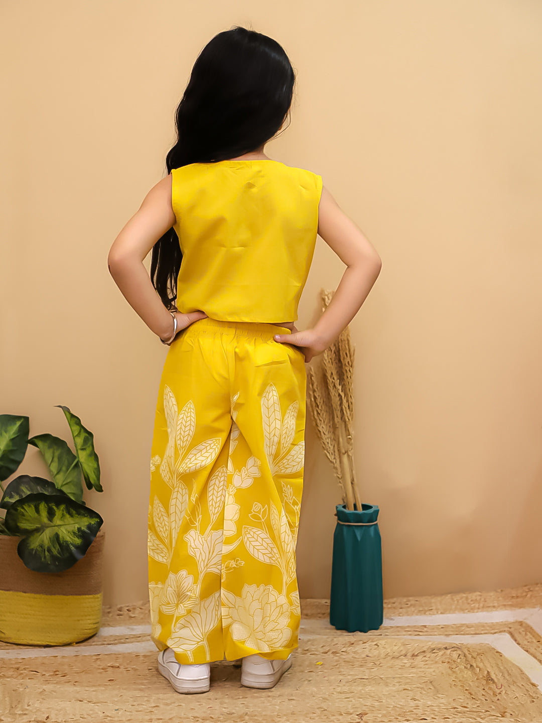 Yellow Sleeveless Floral Cotton Co-Ord Sets For Girls - AJ Dezines