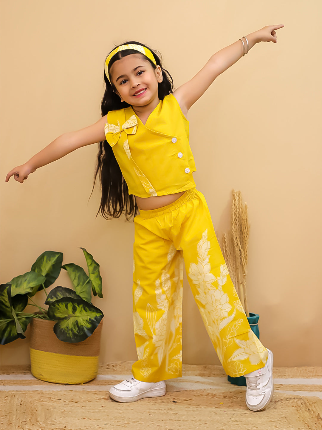 Yellow Sleeveless Floral Cotton Co-Ord Sets For Girls - AJ Dezines