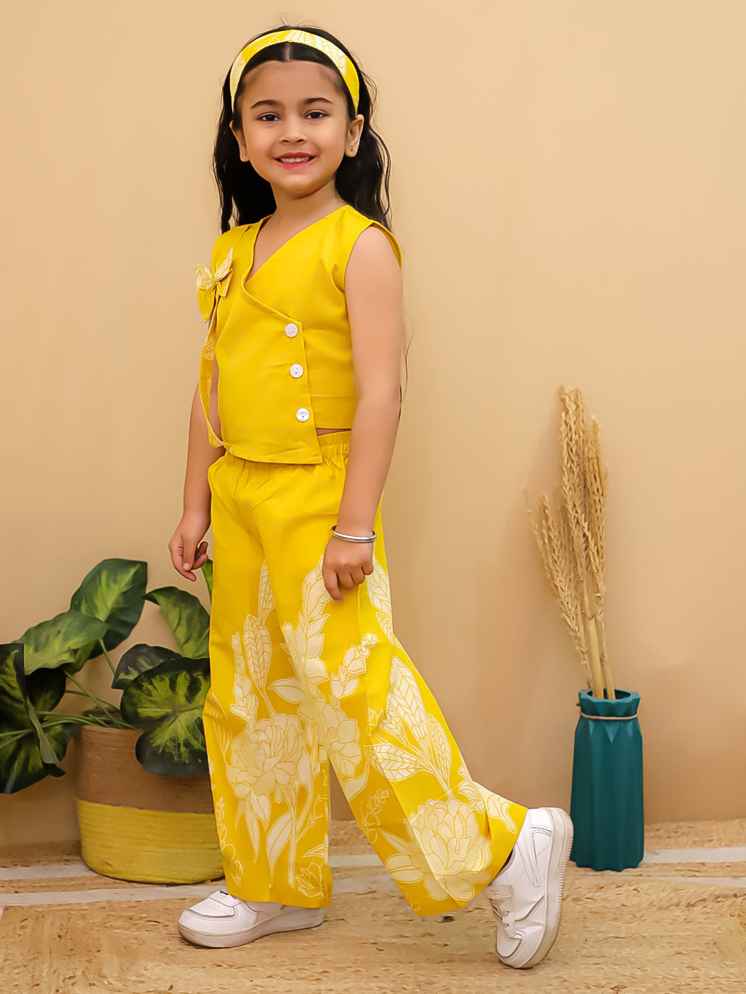 Yellow Sleeveless Floral Cotton Co-Ord Sets For Girls - AJ Dezines