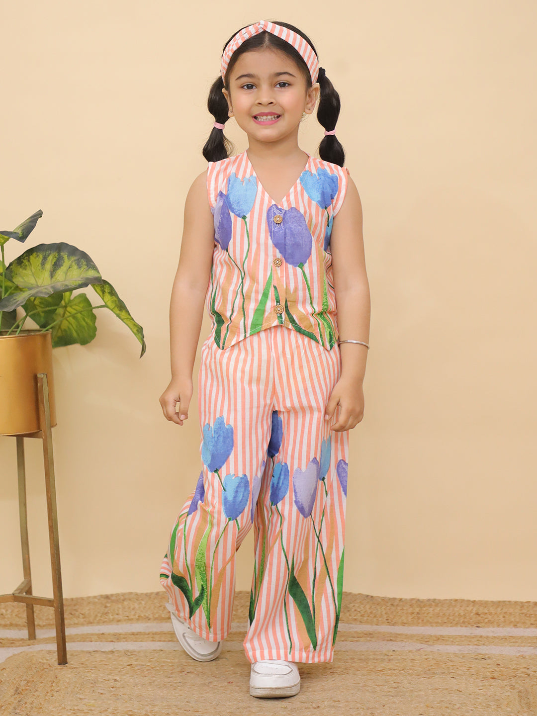 AJ Dezines Orange Sleeveless Floral Cotton Co-Ord Sets For Girls