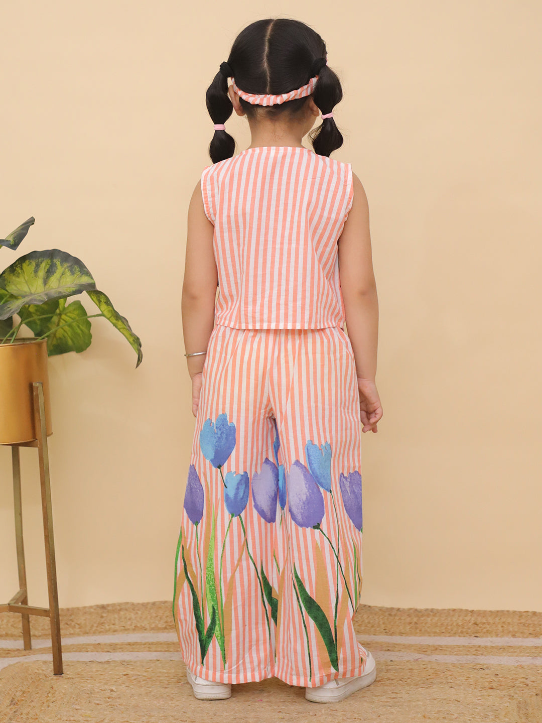 AJ Dezines Orange Sleeveless Floral Cotton Co-Ord Sets For Girls