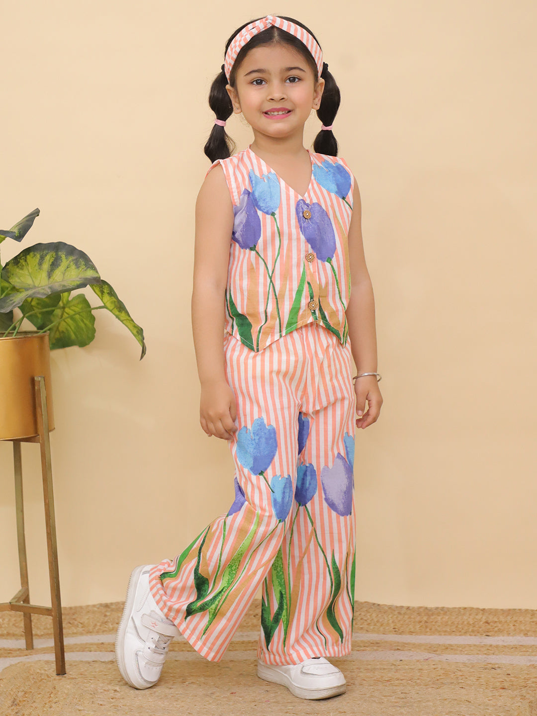 AJ Dezines Orange Sleeveless Floral Cotton Co-Ord Sets For Girls