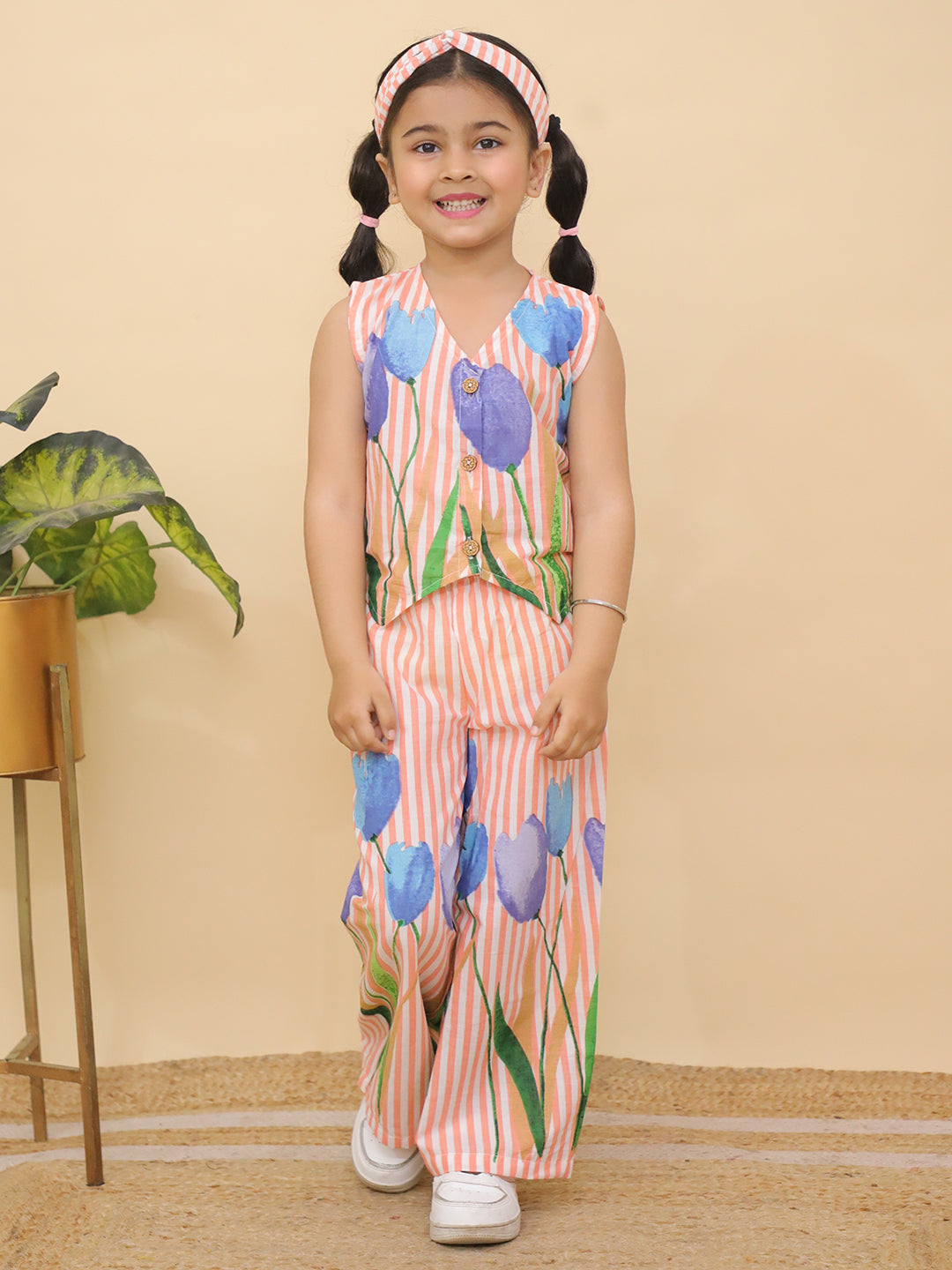 AJ Dezines Orange Sleeveless Floral Cotton Co-Ord Sets For Girls