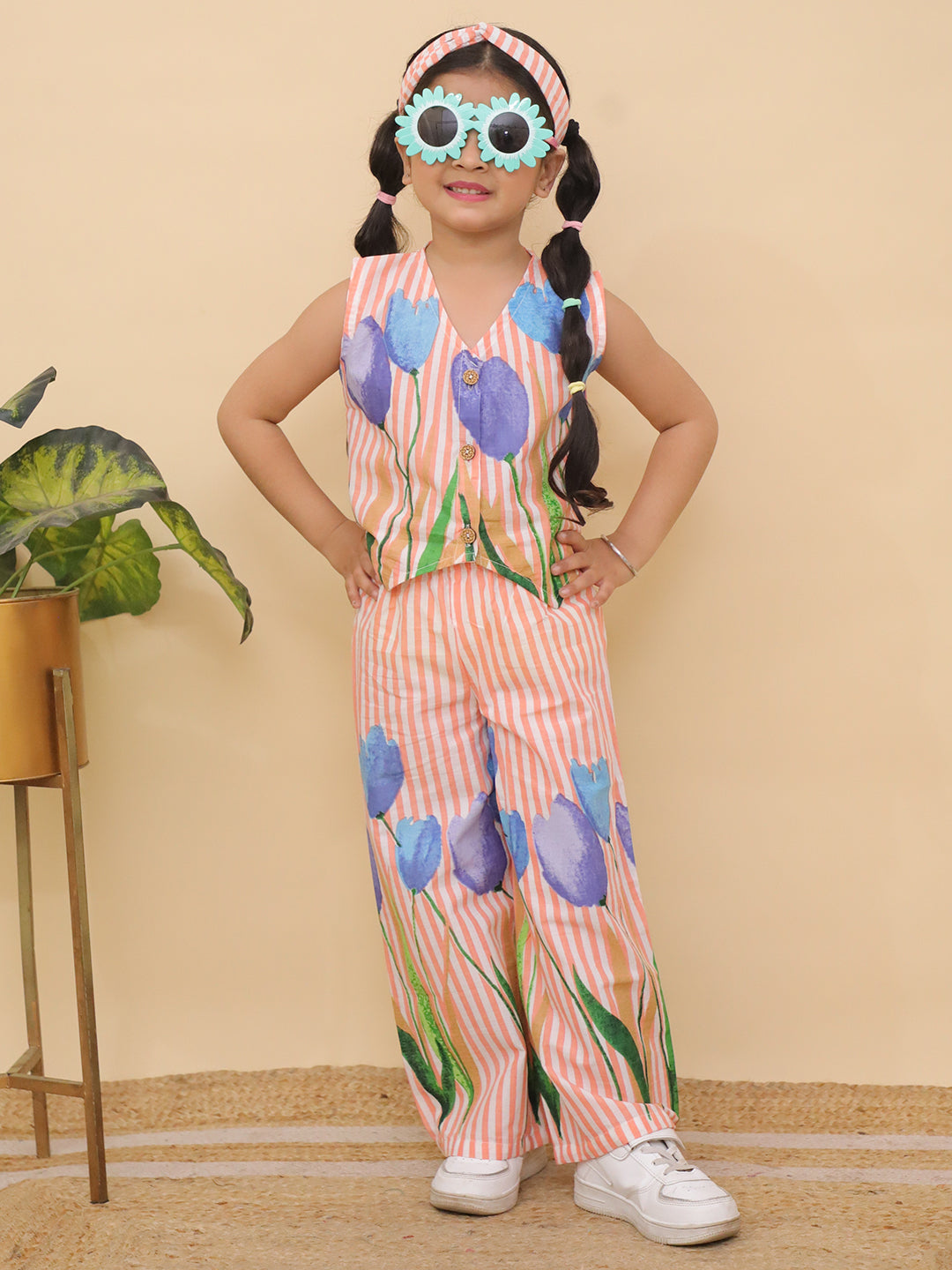 AJ Dezines Orange Sleeveless Floral Cotton Co-Ord Sets For Girls