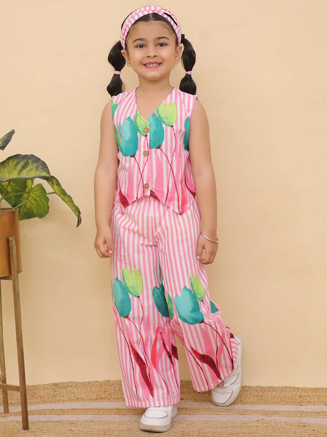 AJ Dezines Pink Sleeveless Floral Cotton Co-Ord Sets For Girls