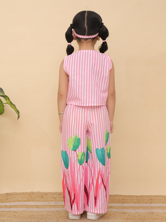 AJ Dezines Pink Sleeveless Floral Cotton Co-Ord Sets For Girls