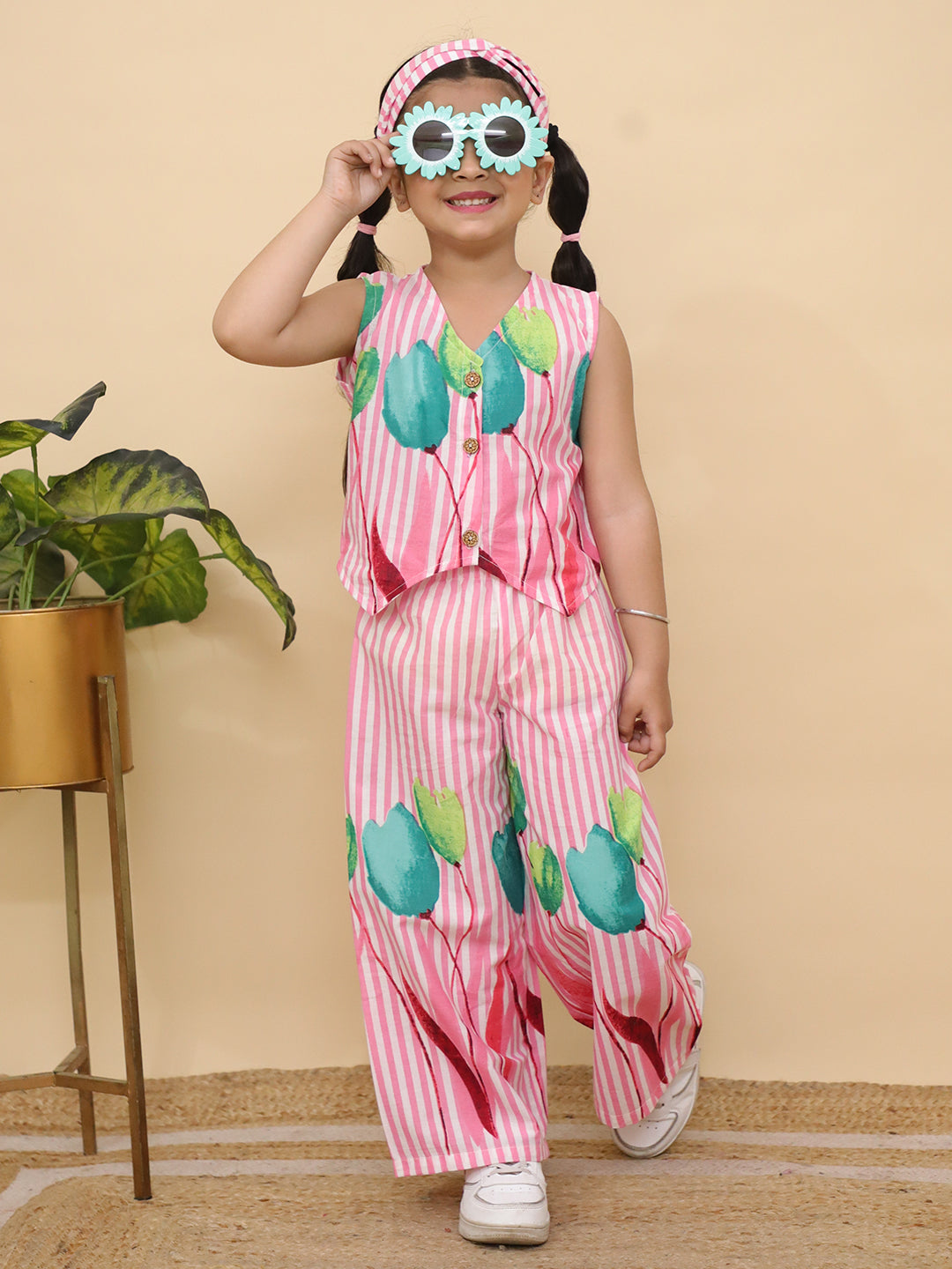 AJ Dezines Pink Sleeveless Floral Cotton Co-Ord Sets For Girls