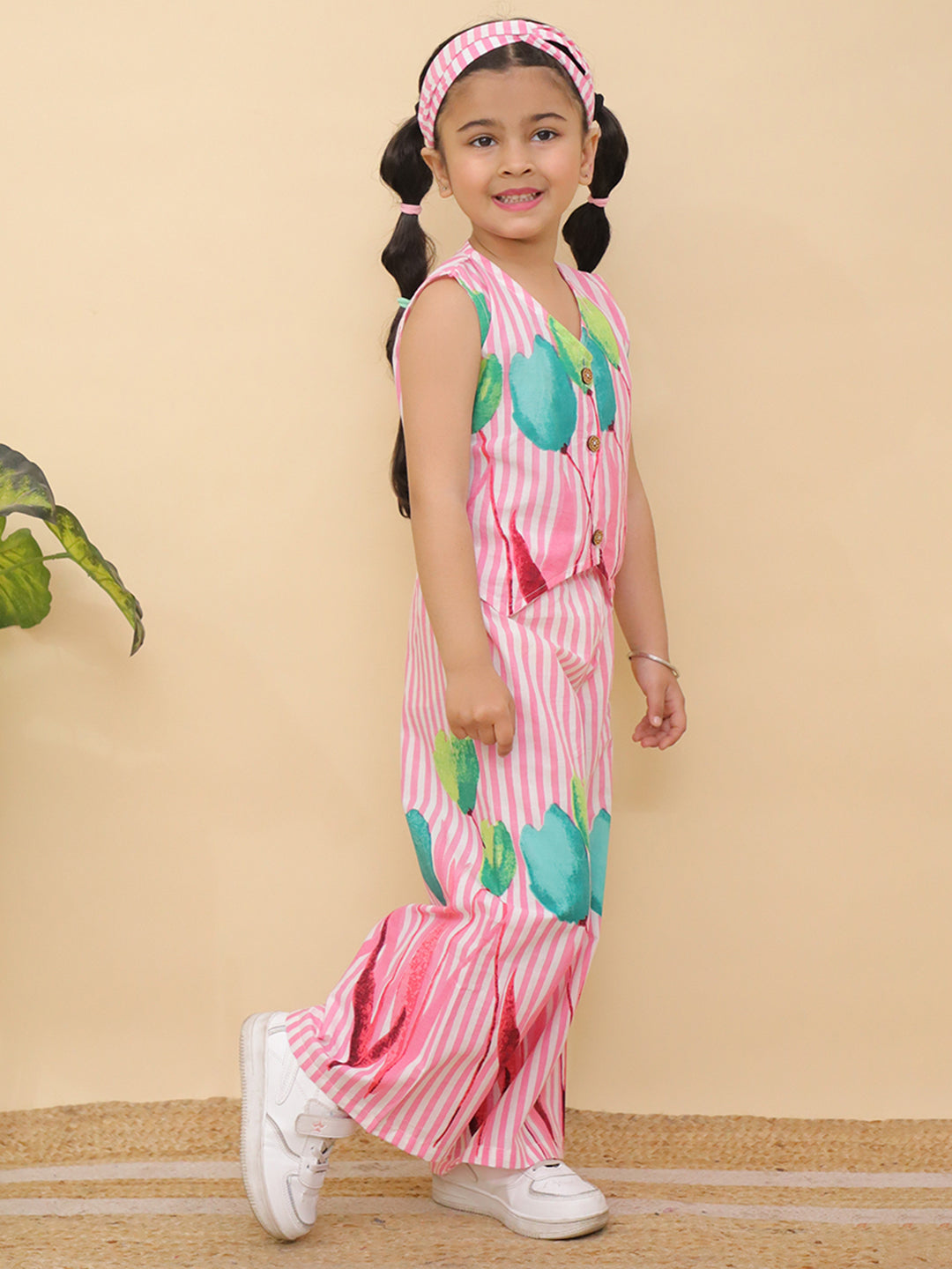 AJ Dezines Pink Sleeveless Floral Cotton Co-Ord Sets For Girls