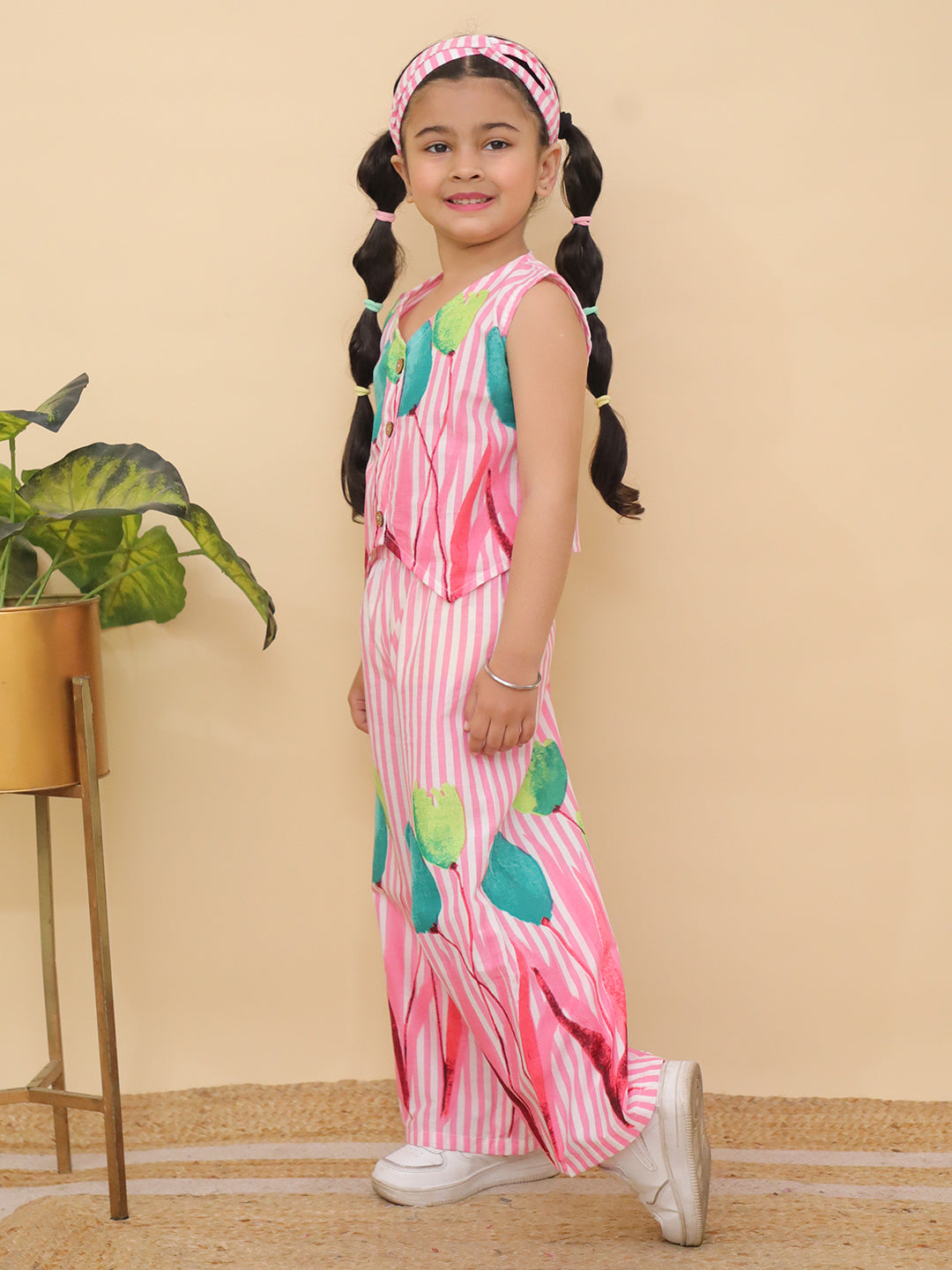 AJ Dezines Pink Sleeveless Floral Cotton Co-Ord Sets For Girls